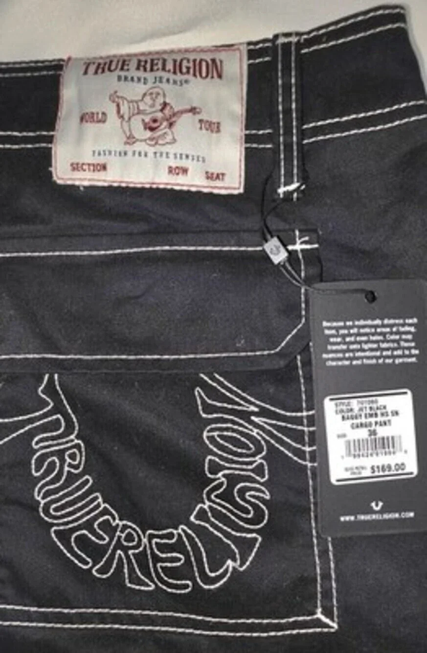 True Religion Bobby Baggy Cargo Pants 36x30 Jet Black NWT sku: 0156